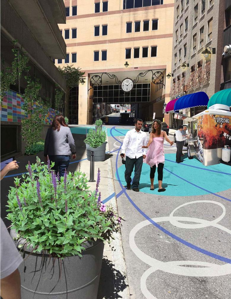 Mockup of potential beautification additions to a downtown alleyway, including painted streets, greenery, and sidewalk vendors.