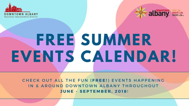 Graphic illustration of colorful overlapping blobs with text over top that reads "Free Summer Event Calendar!" 