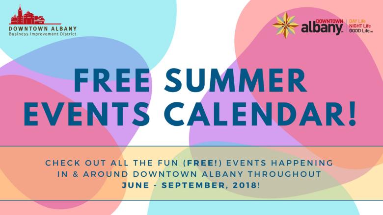 Graphic illustration of colorful overlapping blobs with text over top that reads "Free Summer Event Calendar!"