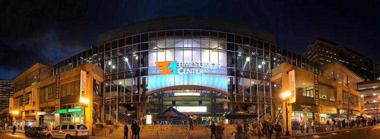 Exterior nighttime view of the Times Union Center arena