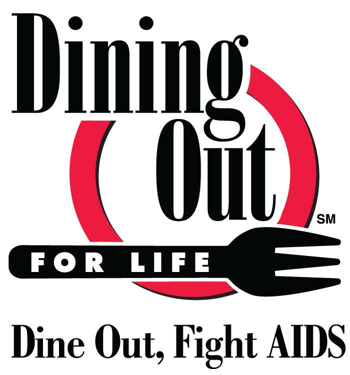 Dining out for life logo graphic, bold letters with an illustration of a fork at the bottom